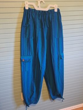 Women's Blue Striped Casual Cargo Pants Fits More Like S/M